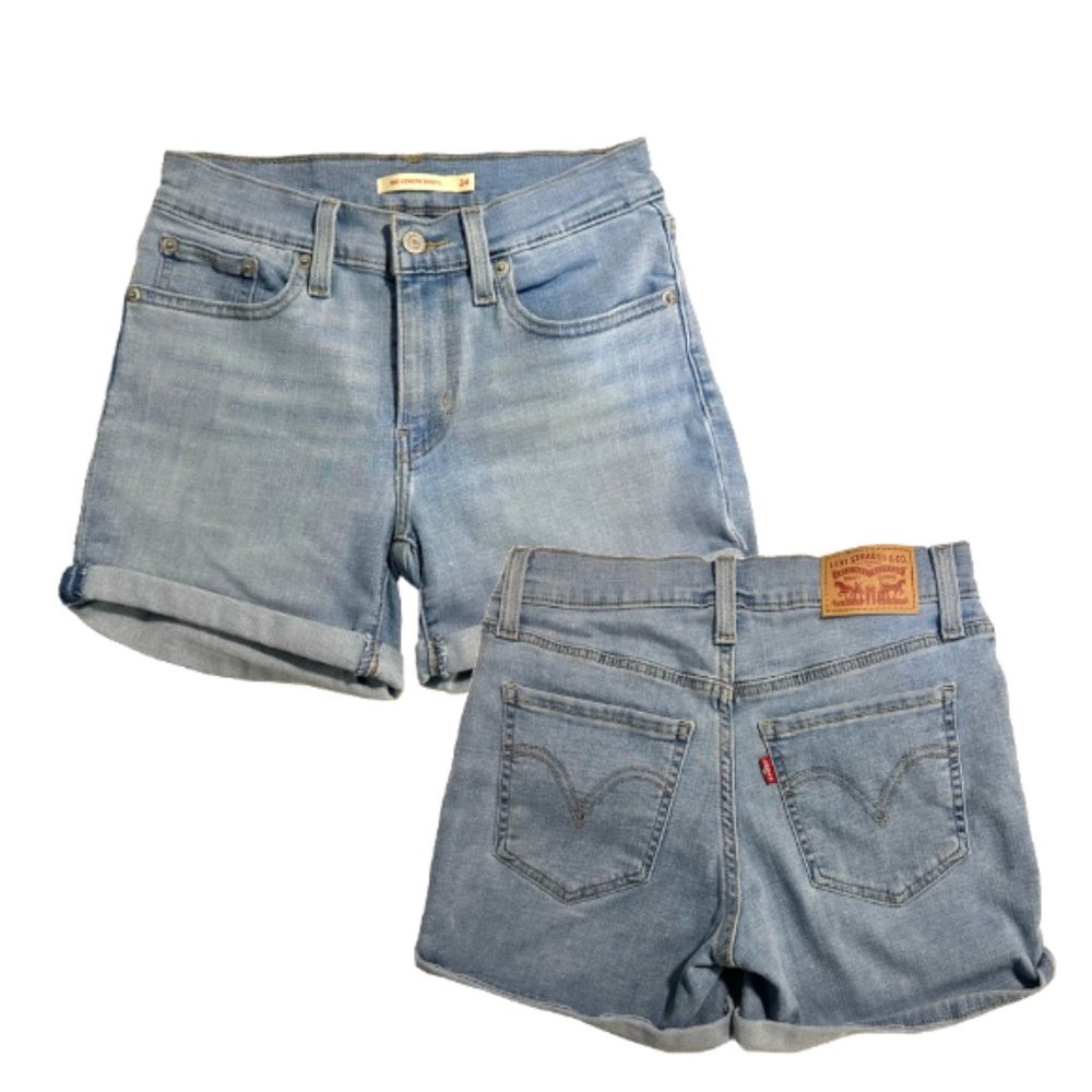 LEVIS Womens Mid Length Shorts size 24 Blue Cuffed Denim Jean Shorts Co… - Picture 1 of 13